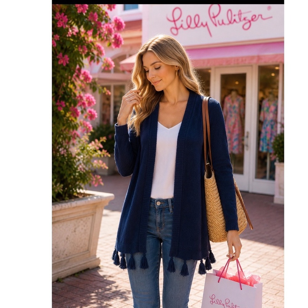 Lilly Pulitzer Navy Blue Tassel Hem Open Front Cardigan Sweater XS Boho Coastal